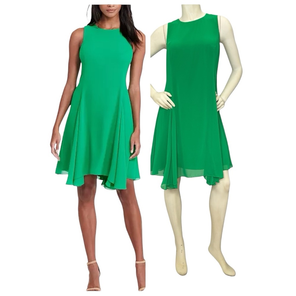 LAUREN RALPH LAUREN “Georgette” Green Sleeveless A-Line Handkerchief Dress, 8